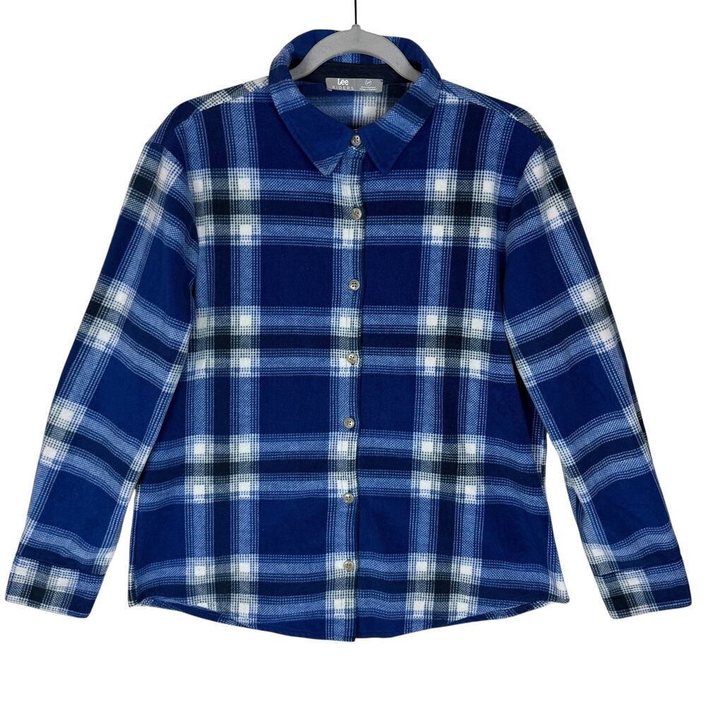 Riders by Lee Shirt Womens Small White Blue Plaid‎ Flannel Long Sleeve Button-Up